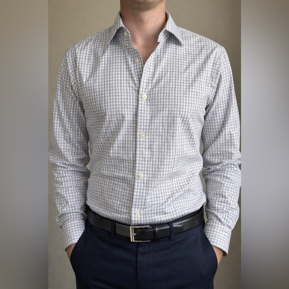 Banana Republic Non-Iron Tailored Slim Fit Gray Gingham Shirt M 15-15.5